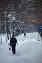 Alley under the snow in winter, Romania.