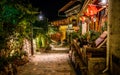 Alley view of Dukezong Tibetan old town at night in Shangri-La Yunnan China