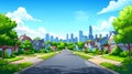 An alleyway along a suburban street against a big city background. Modern illustration of houses along an alleyway under Royalty Free Stock Photo