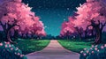 An alleyway in a night park with sakura trees. Modern illustration of a road running through a dark garden in spring Royalty Free Stock Photo