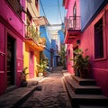 An alleyways in colorful colors, folklore-inspired, bold color palate, pink and indigo, use of bright colors, AI