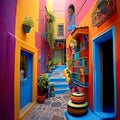 An alleyways in colorful colors, folklore-inspired, bold color palate, pink and indigo, use of bright colors, AI