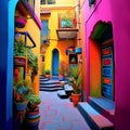 An alleyways in colorful colors, folklore-inspired, bold color palate, pink and indigo, use of bright colors, AI