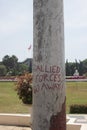 Allied Forces Go Away is carved on a pillar at the Hero Monument. Tugu Pahlawan