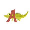 Alligator animal alphabet symbol. English letter A isolated on white background. Funny hand drawn style character. Learn