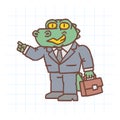 Alligator character holding briefcase and points finger at. Hand drawn character