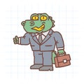 Alligator character holding briefcase and showing thumbs up. Hand drawn character