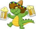 Alligator Or Crocodile Cartoon Character Running With Mexican Sombrero And Two Beer Glasses Mug Royalty Free Stock Photo