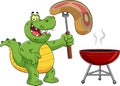 Alligator Or Crocodile Cartoon Mascot Character Holding A Raw Steak On BBQ Fork