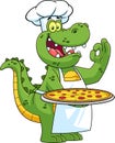 Alligator Or Crocodile Chef Cartoon Character Holding A Pizza And Gesturing Are Ok