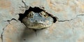 Alligator peeking through cracked wall with eyes wide open Royalty Free Stock Photo