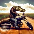 Alligator riding a motorcycle on the road