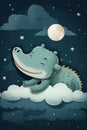 Alligator sleeping on a cloud on a starry night Royalty Free Stock Photo