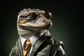 Alligator with sunglasses wearing leather jacket and tie on solid background. Generative AI