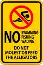 Alligator Warning Sign No Swimming Fishing Wading, Do Not Molest Or Feed The Alligators Royalty Free Stock Photo
