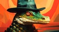 Polygonal Crocodile In Top Hat: A Pop-inspired Oil Portrait Animation
