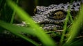 An alligator with yellow eyes in the grass and leaves, AI Royalty Free Stock Photo