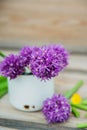 Allium flowers bouquet in a stylish metal decorative vase. Shallow depth of field Royalty Free Stock Photo