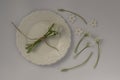 Allium ursinum wild bears garlic flowers in bloom, white rmasons buckrams flowering plants isolated on the plate, flat lay