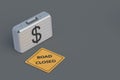 Allocating money for motorway. Investment in road construction. Suitcase with dollar symbol near sign Royalty Free Stock Photo