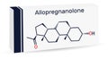 Allopregnanolone, brexanolone molecule. Skeletal chemical formula. Paper packaging for drugs.