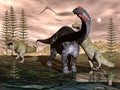 Allosaurus attacking apatosaurus dinosaur - 3D Royalty Free Stock Photo