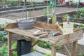 Allotments in a greenhouse with garden tools Royalty Free Stock Photo