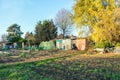 Allotments, side view on a brigh sunny autumn day.