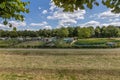 Allotments with vegetable, plants and grape vines with lush trees in the background seen from a hill