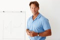 Allow me to introduce my new plan. Medium shot of a mature man standing beside a whiteboard.