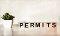 Allow word written on wooden block. The word PERMITS consists of wooden building blocks lying on a light table. business concept Royalty Free Stock Photo