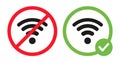 Allowed and forbidden wifi signs vector flat illustration. Wireless network symbols. Good or bad connection.