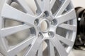 Alloy Car Wheel . Side View of Polished Chrome Car Rim. Truck Aluminum Wheel. Steel Wheels. Clipping Path