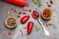 Allspice and dry peppers in wooden bowls Royalty Free Stock Photo