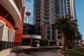 The Allure condos with the Strat tower in the background on Sahara Avenue, Las Vegas, Nevada.