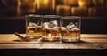 The Alluring Glow of Whiskey Glasses, Complete with Ice, Set on a Vintage Wooden Surface. Generative AI