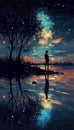 Starry Night: A Stylized Silhouette of a Man Facing Away in an Oil Overlayed Splash