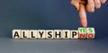 Allyship yes or no symbol. Concept words Allyship yes or Allyship no on wooden cubes. Businessman hand. Beautiful grey table grey