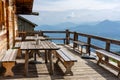 Alm hut hÃÂ¼tte terrasse in tyrol with mountain view Royalty Free Stock Photo