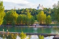 Almaty city landscape with lake and church