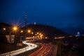 Almaty city night view, Kok Tobe hill. Lights trails at night on