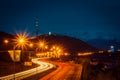 Almaty city night view, Kok Tobe hill. Lights trails at night on Royalty Free Stock Photo