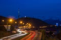 Almaty city night view, Kok Tobe hill. Lights trails at night on Royalty Free Stock Photo