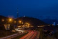 Almaty city night view, Kok Tobe hill. Lights trails at night on Royalty Free Stock Photo