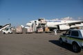 Almaty / Kazakhstan - 04.18.2020 : Airport staff and medics unload humanitarian cargo Turkish Cargo