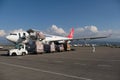 Almaty / Kazakhstan - 04.18.2020 : Airport staff and medics unload humanitarian cargo Turkish Cargo