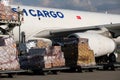 Almaty / Kazakhstan - 04.18.2020 : Airport staff and medics unload humanitarian cargo Turkish Cargo