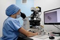 Almaty / Kazakhstan - 02.13.2019 : Artificial insemination clinic. Embryologists perform tests with human eggs