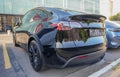 Almaty, Kazakhstan - August 18, 2023: Tesla model 3 black rear view