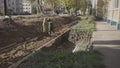 Workers dressed in workwear remove rocks levelling ground